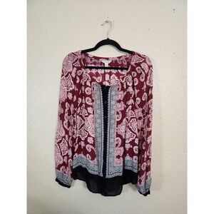 Lucky Brand Womens Red White Boho Paisley Button Front Long Sleeve Blouse Medium